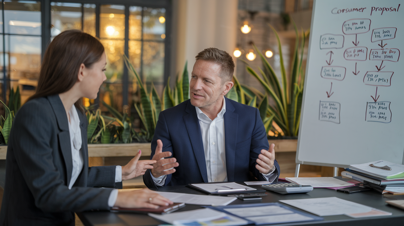Create a realistic image of a middle-aged white male sitting at a desk with financial documents and a calculator, speaking with a professional-looking white female wearing a suit, who is gesturing towards a whiteboard with a flowchart illustrating the steps of a consumer proposal process, in a modern office setting with warm lighting.