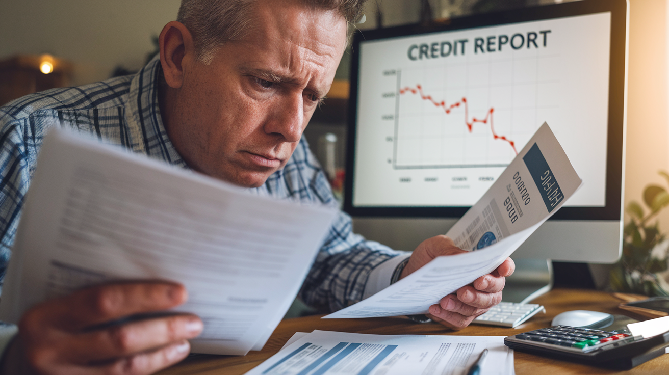 Create a realistic image of a middle-aged white male looking concerned while examining financial documents and a credit report, with a computer screen displaying a declining credit score graph in the background, soft warm lighting emphasizing the worried expression, and a calculator and pen nearby on a wooden desk.