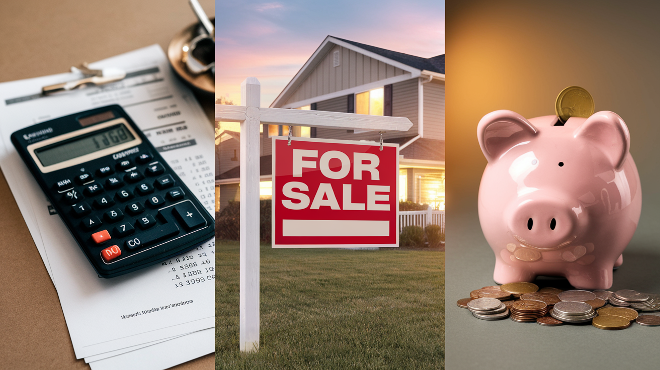 Create a realistic image of a split screen showing three alternatives: a calculator and financial documents representing debt consolidation, a "For Sale" sign on a house symbolizing asset liquidation, and a piggy bank with coins representing debt management, all on a neutral background with warm lighting to convey a sense of financial decision-making.