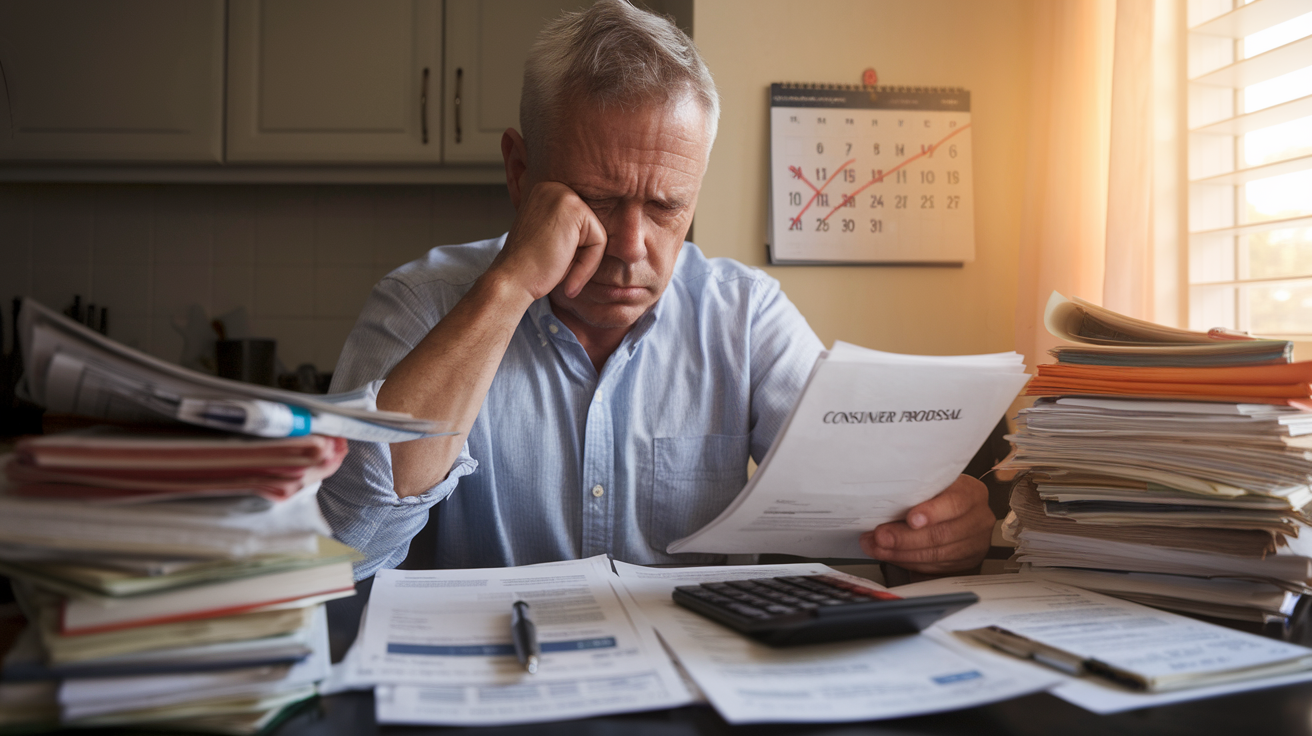 Create a realistic image of a stressed middle-aged white man sitting at a kitchen table, surrounded by stacks of bills and financial documents, with a calculator and pen nearby. A worried expression on his face as he reviews a document labeled "Consumer Proposal". In the background, a wall calendar shows crossed-out dates, emphasizing time pressure. Soft, warm lighting from a nearby window creates a somber atmosphere.