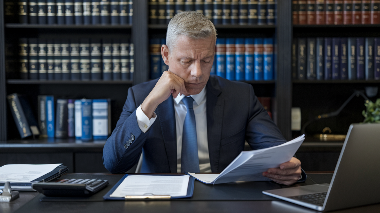 Create a realistic image of a middle-aged white male professional in a suit sitting at a desk, looking attentively at financial documents with a concerned expression, while a calculator and laptop are visible nearby, in a well-lit office setting with bookshelves containing legal and financial texts in the background, conveying a sense of serious consultation and guidance.