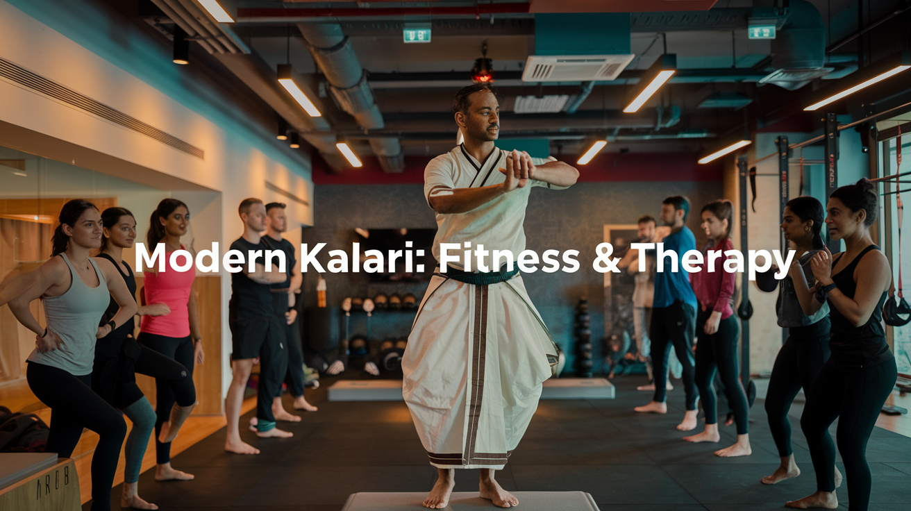 Create a realistic image of a modern gym interior with a male Indian instructor in traditional Kalari attire demonstrating a Kalari pose to a diverse group of students in workout clothes, blending ancient martial arts with contemporary fitness equipment in the background, warm lighting, text overlay "Modern Kalari: Fitness & Therapy".