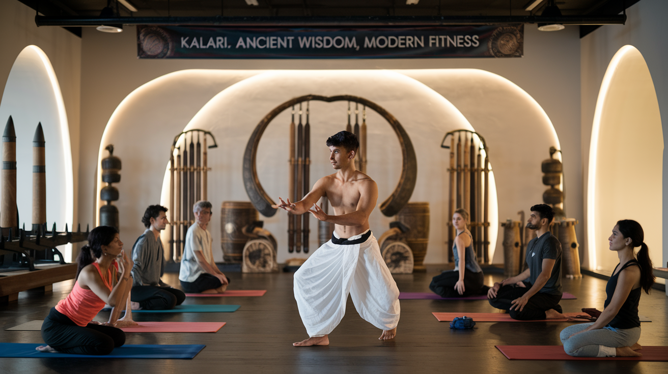 Create a realistic image of a modern gym interior with traditional Indian elements, featuring a young Indian male instructor demonstrating a Kalari pose to a diverse group of students on yoga mats, with ancient weaponry and wooden training equipment visible in the background, soft lighting, and a banner reading "Kalari: Ancient Wisdom, Modern Fitness" hanging on the wall.