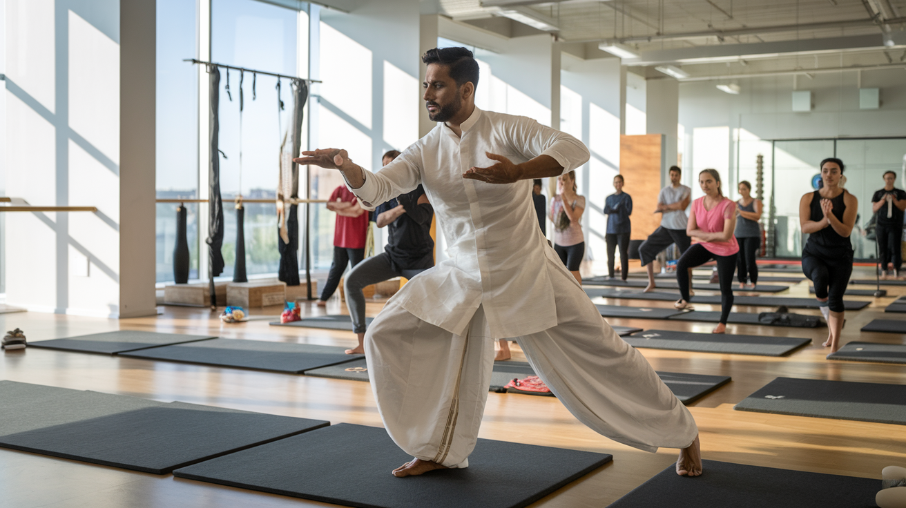 Create a realistic image of a modern fitness studio with a South Asian male instructor in traditional white Kalari attire demonstrating a complex Kalari pose to a diverse group of students, showcasing strength, flexibility, and balance, with mats, wooden staffs, and other Kalari equipment visible in the background, natural lighting streaming through large windows, emphasizing the fusion of ancient martial art with contemporary fitness practices.