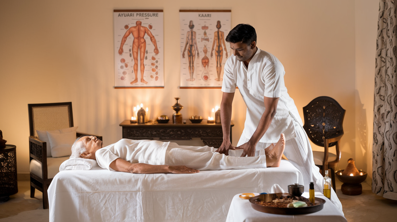 Create a realistic image of a serene therapy room with traditional Indian decor, featuring a middle-aged Indian male practitioner in white Kalari attire performing a gentle stretching technique on an elderly patient lying on a massage table, surrounded by Ayurvedic herbs, oils, and charts depicting Kalari pressure points, with soft, warm lighting creating a calming atmosphere.