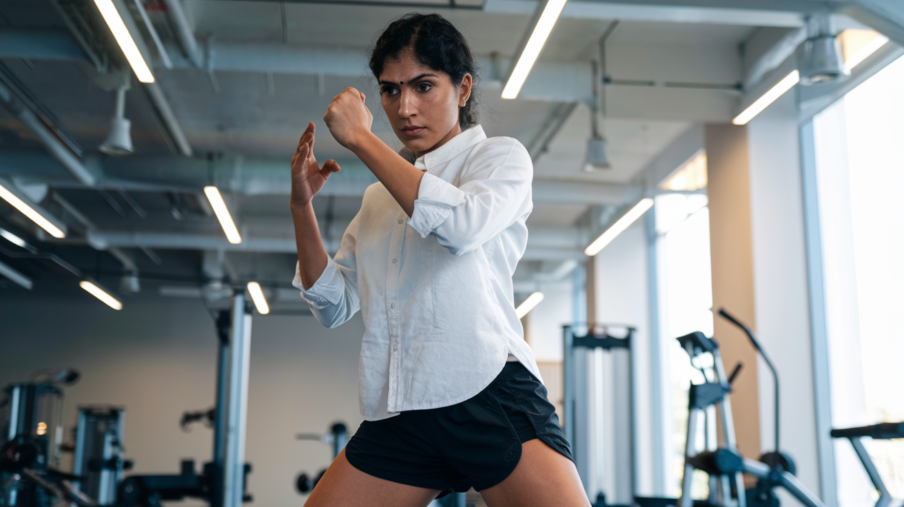 Create a realistic image of an Indian woman in a defensive stance, demonstrating a Kalari self-defense technique in a modern gym setting, with exercise equipment visible in the background, bright lighting emphasizing her focused expression and controlled movements.
