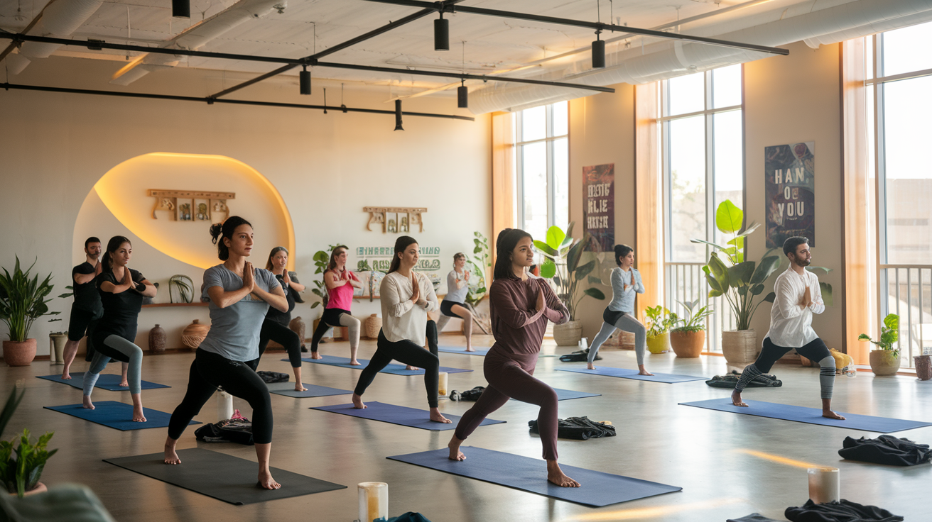 Create a realistic image of a modern fitness studio with traditional Indian elements, showing a diverse group of people (including white and black, males and females) practicing Kalari poses on yoga mats, with a certified instructor demonstrating a move, surrounded by minimalist decor, potted plants, and motivational posters blending ancient wisdom with contemporary fitness goals, all bathed in warm, natural lighting streaming through large windows.