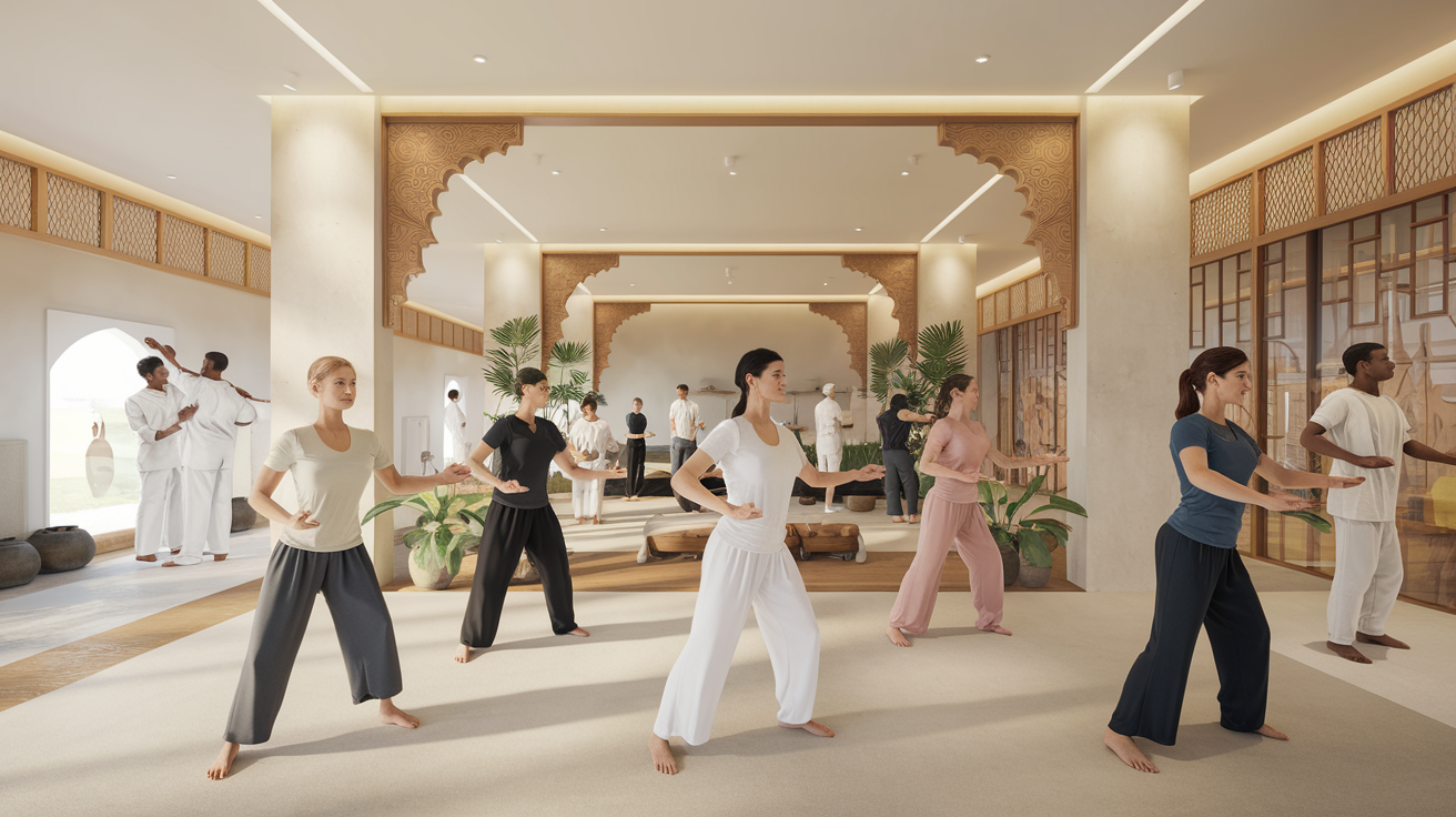 Create a realistic image of a modern wellness center with a dedicated Kalari practice area, showing a diverse group of people (including white and black, male and female) in comfortable workout attire practicing Kalari movements, while in the background, therapists are seen using Kalari techniques for physical therapy, all under soft, natural lighting with elements of traditional Kerala architecture blended with contemporary design.