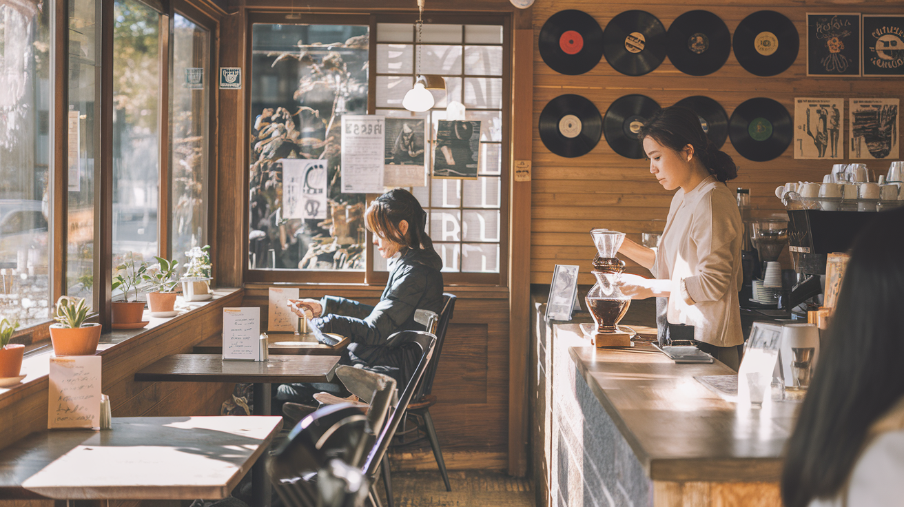 Create a realistic image of a cozy Japanese café in Shimokitazawa with warm wood interiors, a young Asian female barista carefully preparing pour-over coffee, vintage vinyl records decorating the walls, small potted plants on windowsills, sunlight streaming through large windows, and patrons enjoying specialty drinks at small tables with handwritten menus and locally made ceramics.