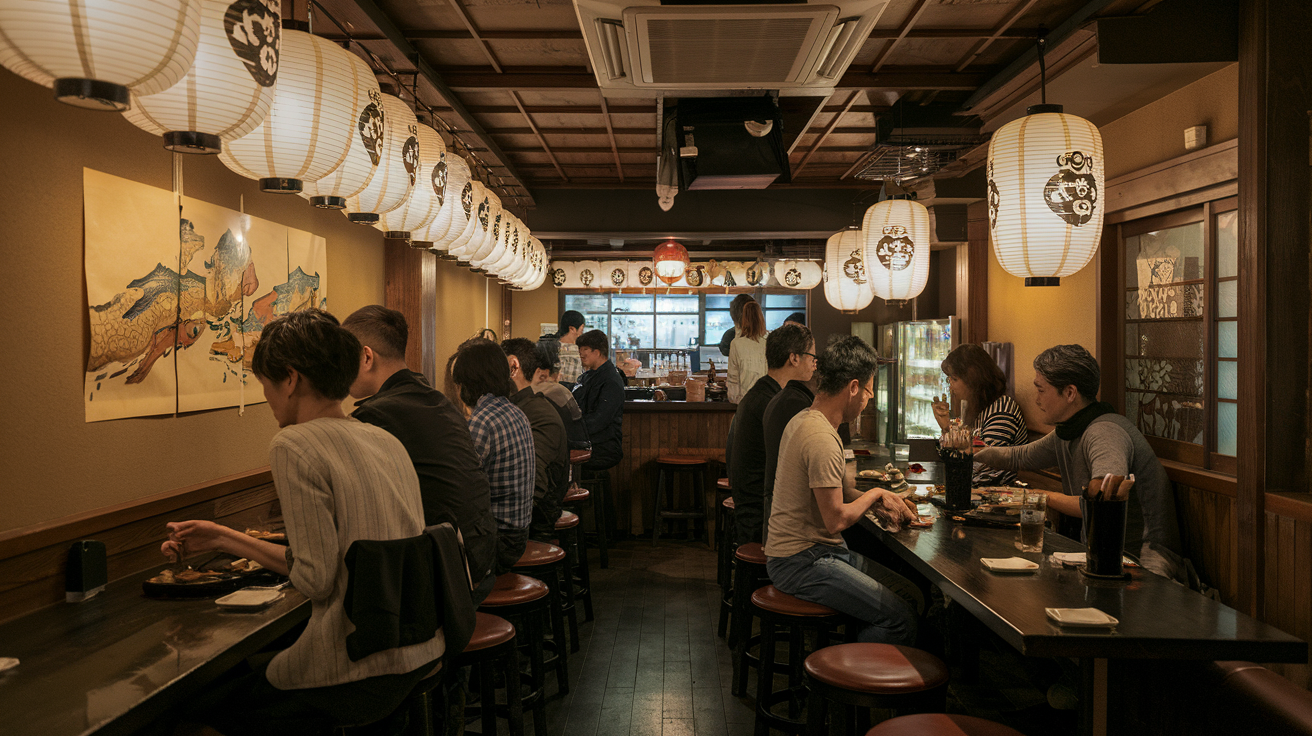 Create a realistic image of a cozy, dimly lit izakaya (Japanese pub) in Shimokitazawa, with wooden interiors and paper lanterns, where Asian patrons are enjoying local dishes like yakitori, okonomiyaki, and sake, creating an authentic Tokyo dining atmosphere that captures the neighborhood's unique charm.