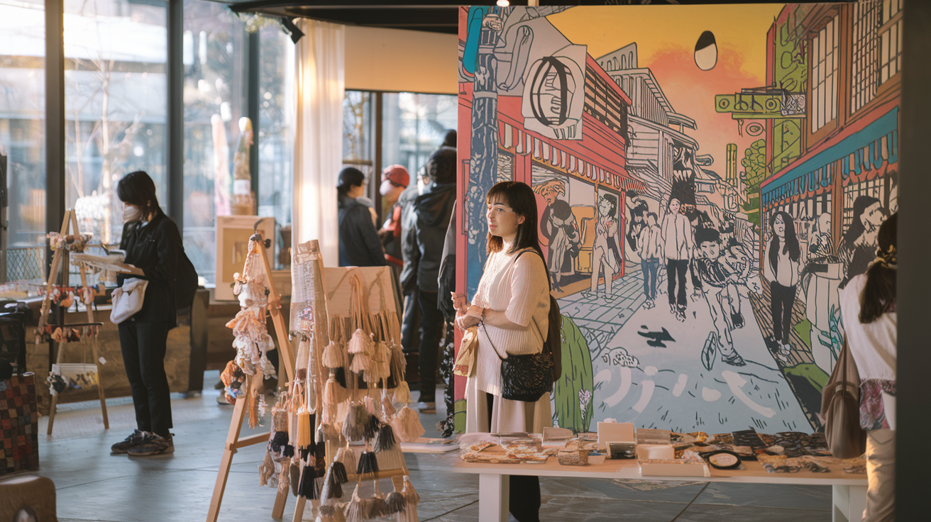Create a realistic image of a colorful art gallery in Shimokitazawa, Tokyo, with traditional Japanese art pieces alongside contemporary installations, where a young Asian female visitor admires a vibrant mural depicting Tokyo street life, while other patrons browse handmade crafts in the background, with warm afternoon light filtering through large windows illuminating the creative space.