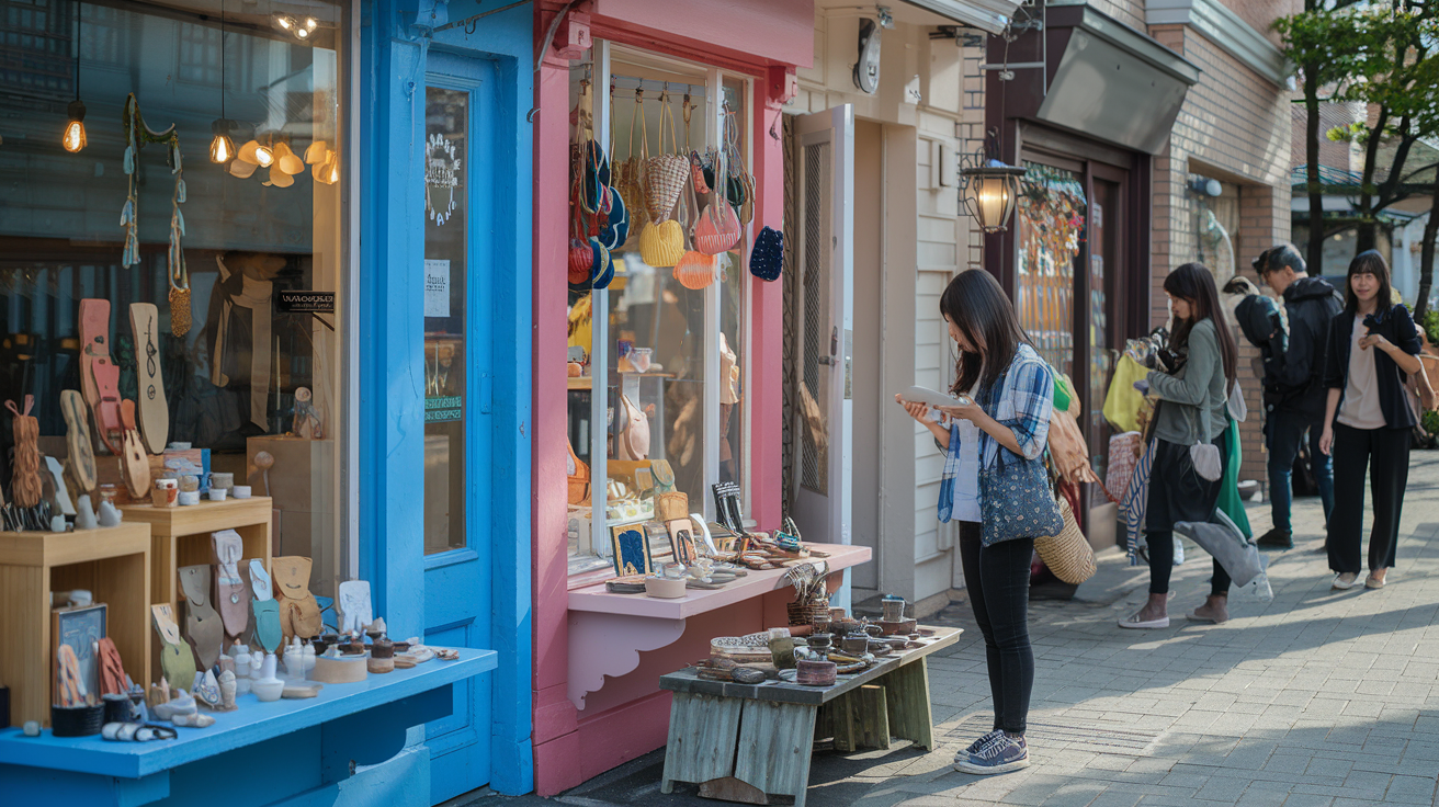 Create a realistic image of a vibrant shopping street in Shimokitazawa, Tokyo, featuring small, colorful boutique shops with unique handcrafted items, locally designed jewelry, and artisanal goods displayed in windows, with a young Asian female shopper examining handmade pottery outside one shop while other pedestrians browse nearby stores, all under soft afternoon lighting that highlights the eclectic, non-vintage merchandise.