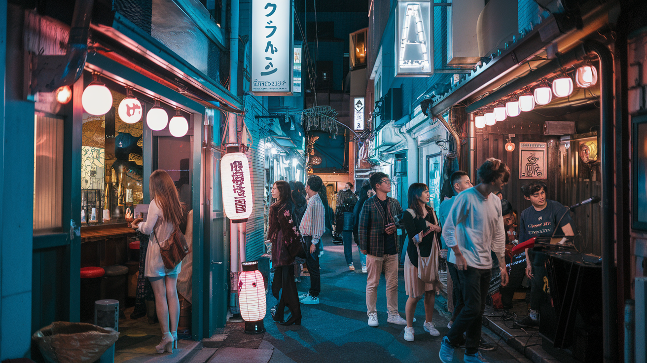 Create a realistic image of a vibrant night street scene in Shimokitazawa, Tokyo, with neon signs illuminating small bars and live music venues, young Japanese adults (both male and female) enjoying the nightlife, some entering cozy izakayas, others chatting outside a jazz club, with narrow alleyways extending into the distance filled with unique establishments, creating an intimate and energetic atmosphere that captures Tokyo's alternative nightlife scene.