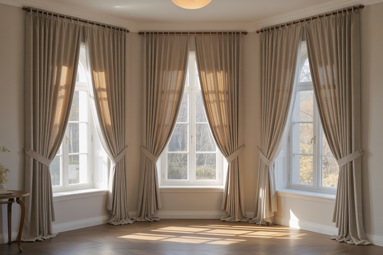 Create a realistic image of elegant made-to-measure curtains perfectly fitted to uniquely shaped windows including an arched window, a bay window, and an irregularly sized rectangular window, showcasing how custom curtains conform precisely to each window's dimensions and architectural features, with luxurious fabric draping naturally, warm natural lighting streaming through the windows creating soft shadows, and a sophisticated interior setting with neutral wall colors and classic furniture elements visible in the background, absolutely NO text should be in the scene.