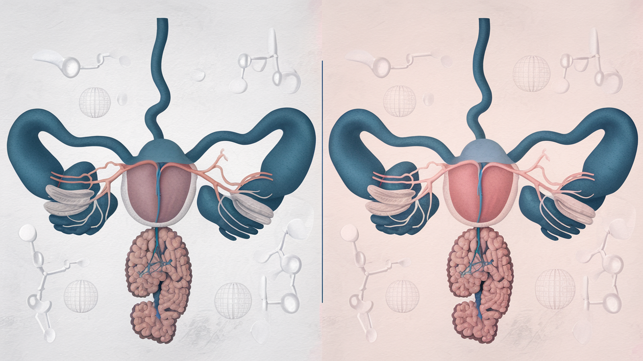 Create a realistic image of a medical illustration showing the human endocrine system with a focus on hormone balance, featuring diagrams of estrogen and progesterone levels, with one side showing normal hormone levels and the other showing estrogen dominance, all presented on a clean white background with subtle medical symbols and a biological color scheme of blues and pinks.