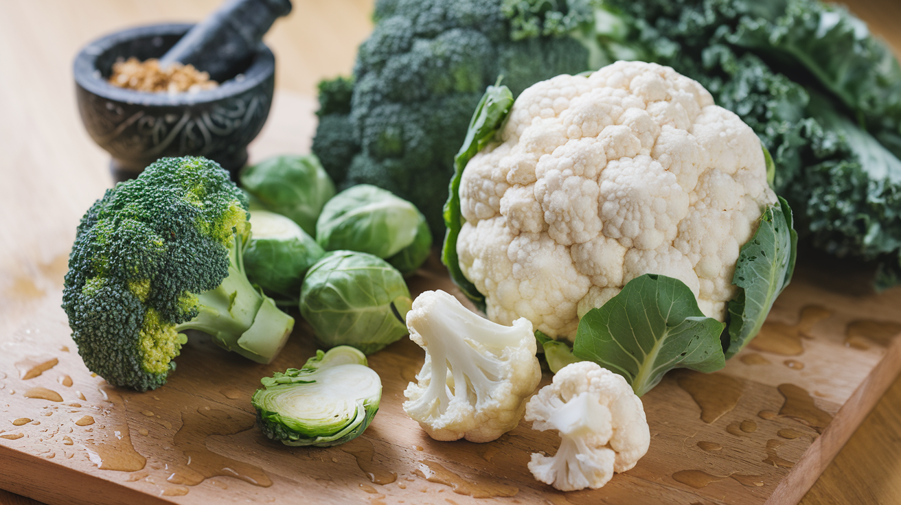 Create a realistic image of fresh cruciferous vegetables arranged on a wooden cutting board, featuring broccoli, cauliflower, Brussels sprouts, and kale with water droplets visible, under soft natural lighting, with a small decorative mortar and pestle containing crushed supplements nearby, conveying the theme of natural hormone regulation through healthy food choices.