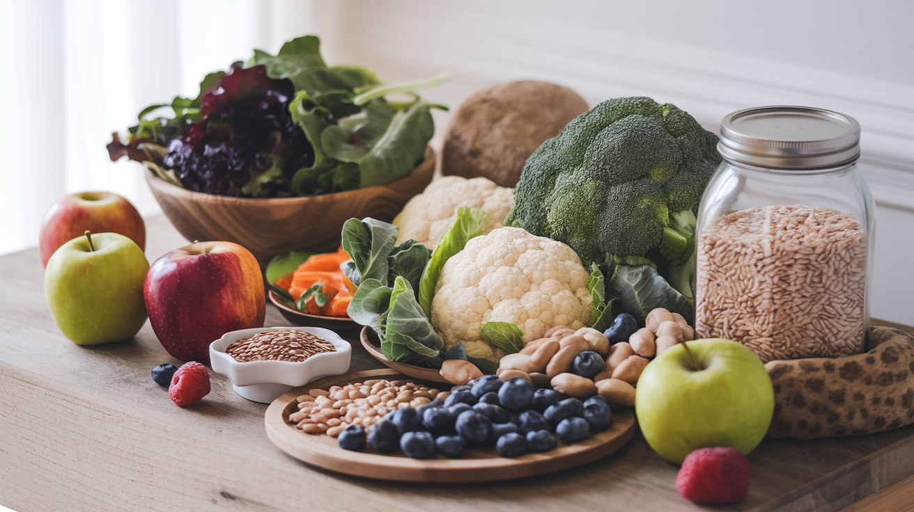 Create a realistic image of a wooden table with various fiber-rich foods arranged aesthetically - a bowl of dark leafy greens, a plate of cruciferous vegetables like broccoli and cauliflower, a small dish of flaxseeds, a jar of legumes, and some fresh fruits like apples and berries - with soft natural lighting suggesting a healthy, clean eating lifestyle that helps detoxify the body.