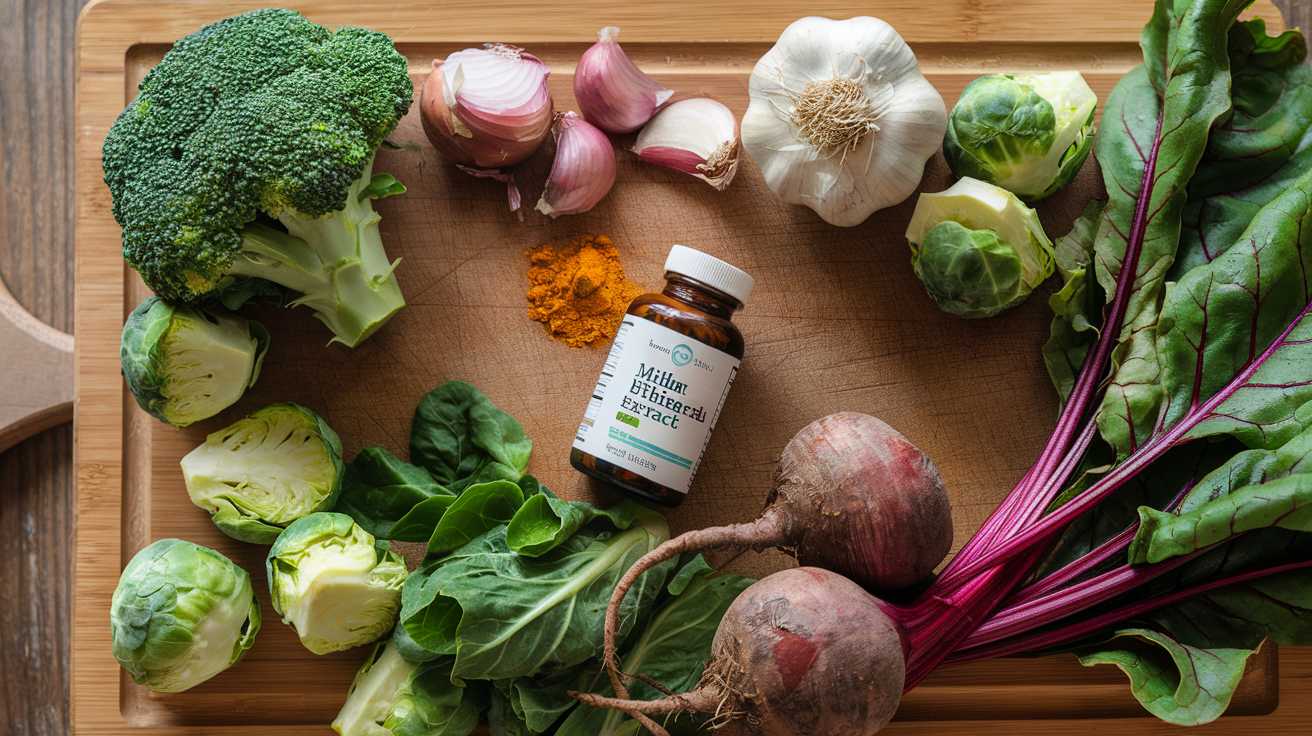Create a realistic image of a wooden cutting board featuring liver-supporting foods like broccoli, brussels sprouts, garlic, onions, leafy greens, and beets arranged artistically, with a small glass bottle of milk thistle extract or turmeric supplement nearby, all photographed from above with natural lighting highlighting the vibrant colors of these foods known to enhance estrogen metabolism.
