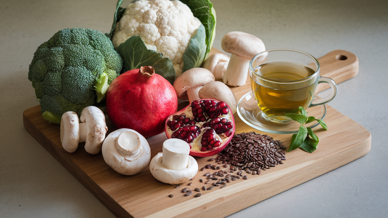 Create a realistic image of a wooden cutting board with an assortment of estrogen-blocking foods arranged attractively, including cruciferous vegetables like broccoli and cauliflower, mushrooms, pomegranate, flaxseeds, and green tea in a glass cup, with soft natural lighting highlighting the vibrant colors against a neutral kitchen countertop background.
