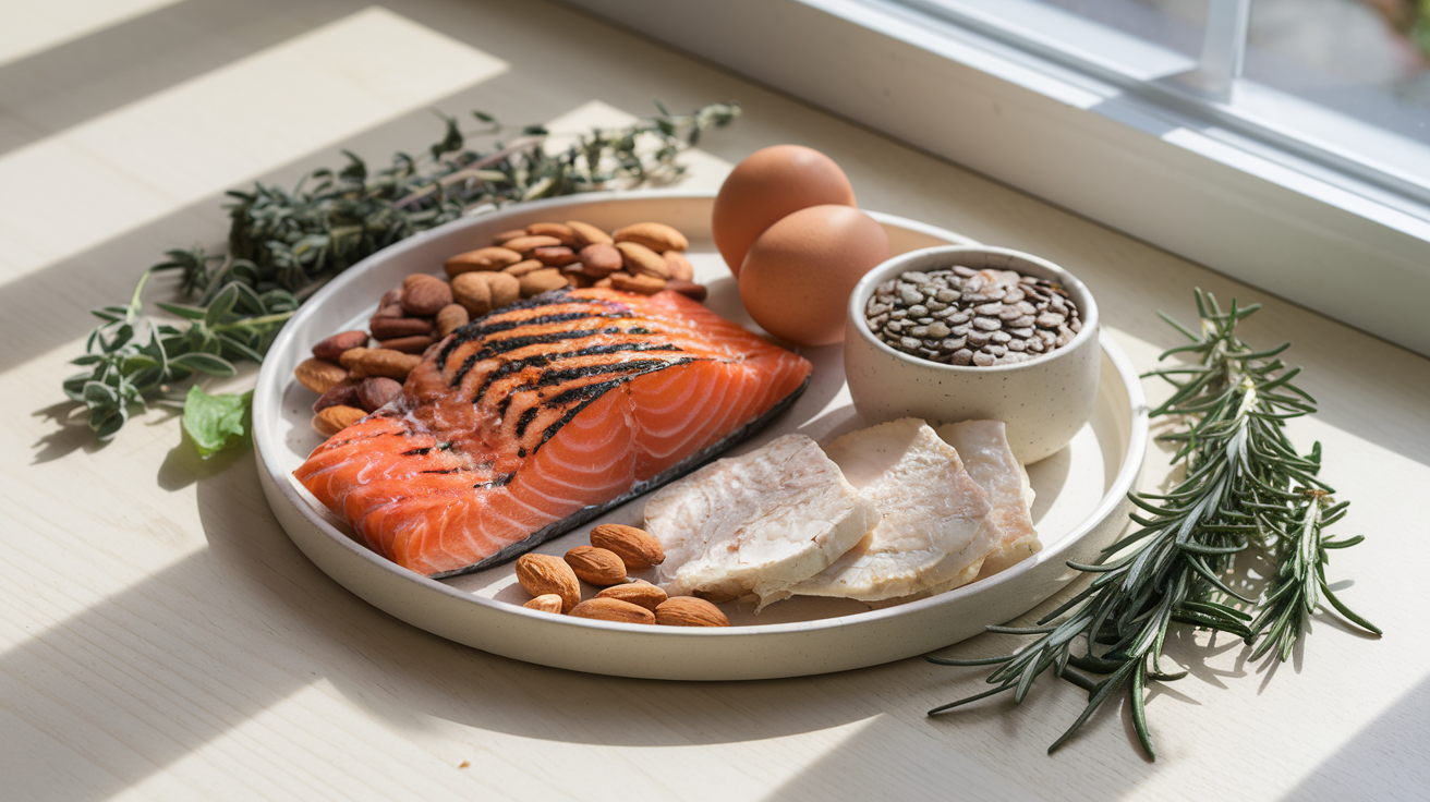 Create a realistic image of a clean, white ceramic plate arranged with hormone-balancing protein sources including grilled wild-caught salmon, a few organic eggs, tempeh slices, a handful of raw almonds, and a small bowl of lentils, all positioned on a light wooden table with natural lighting streaming in, surrounded by fresh herbs like rosemary and thyme that complement hormone health.
