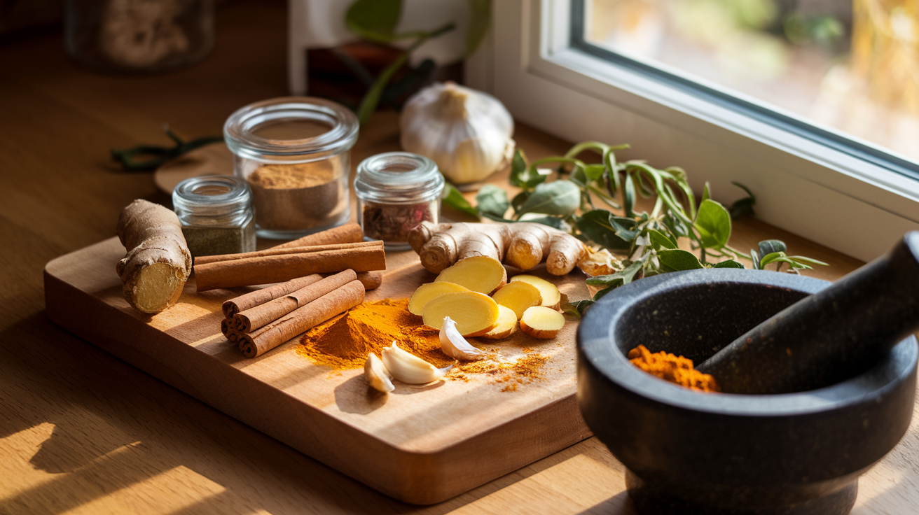 Create a realistic image of assorted medicinal spices arranged on a wooden cutting board, featuring turmeric root, ground cinnamon, sliced ginger, crushed garlic, and fresh herbs, with small glass jars of powdered spices nearby, a mortar and pestle containing crushed spices in the foreground, all bathed in warm natural lighting coming from a kitchen window, creating a rustic, therapeutic mood.