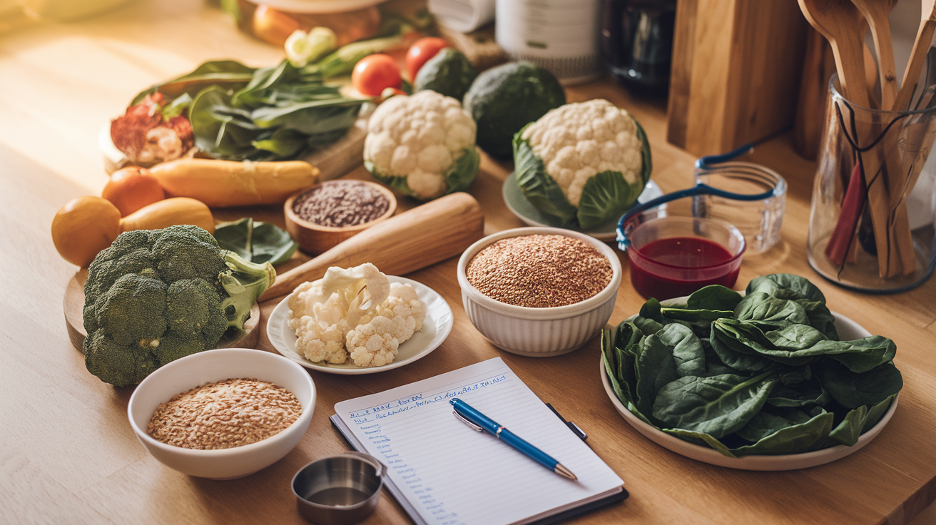 Create a realistic image of a wooden kitchen counter with a variety of estrogen-balancing foods neatly organized on plates and in bowls, including cruciferous vegetables, flaxseeds, whole grains, and leafy greens, alongside a small notepad with a meal plan being written, a pen, and measuring cups, in warm natural lighting that highlights the fresh, vibrant colors of the foods.