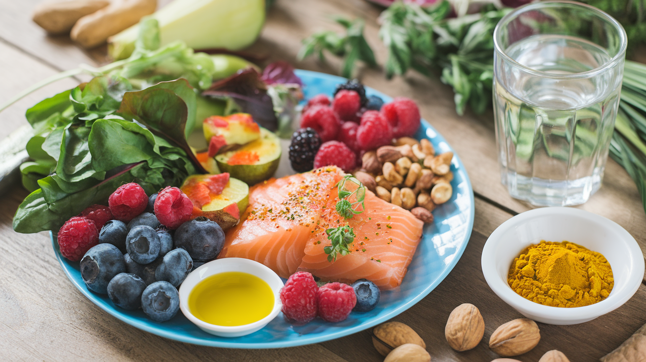 Create a realistic image of a colorful plate containing anti-inflammatory foods for PCOS management, including leafy greens, colorful berries, fatty fish, nuts, olive oil, and turmeric, arranged attractively on a wooden table with a glass of water and some herbs nearby, soft natural lighting highlighting the vibrant colors of the fresh ingredients.