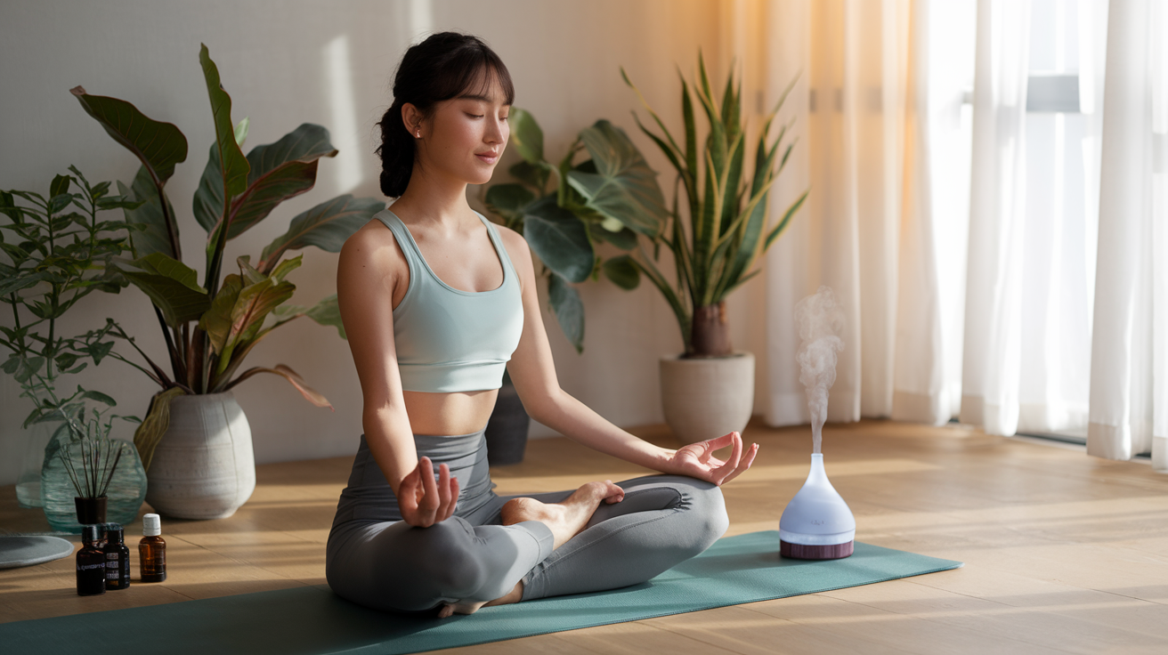 Create a realistic image of a peaceful Asian female practicing yoga in a lotus position on a yoga mat, with soft natural light streaming through a window, surrounded by calming elements like plants and essential oil diffuser, embodying serenity and stress reduction for hormonal health management.