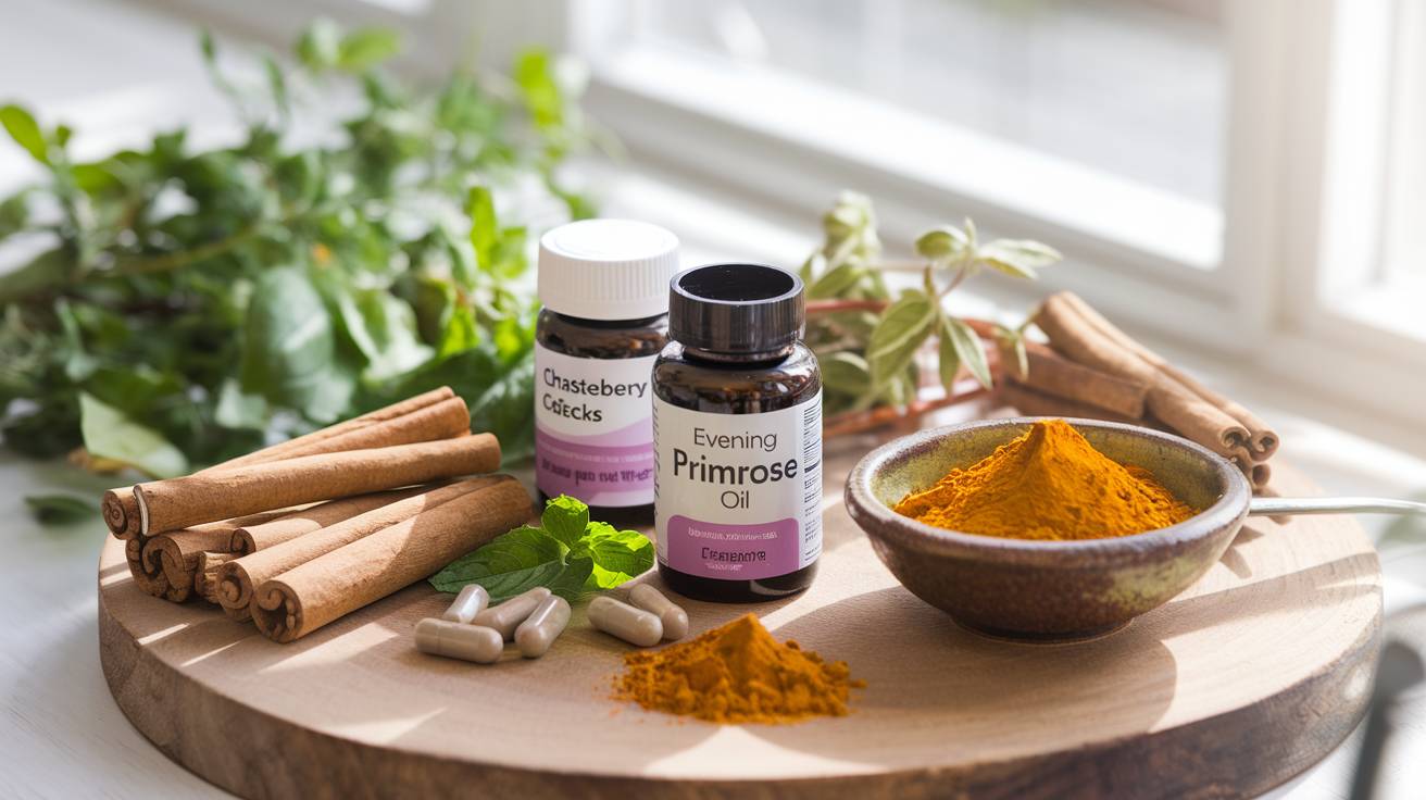 Create a realistic image of various herbal supplements and natural remedies for PCOS displayed on a wooden table, including cinnamon sticks, spearmint tea, chasteberry capsules, a small bottle of evening primrose oil, and turmeric powder in a small ceramic bowl, with some fresh herbs like holy basil in the background, all arranged in a clean, bright setting with natural sunlight streaming in.