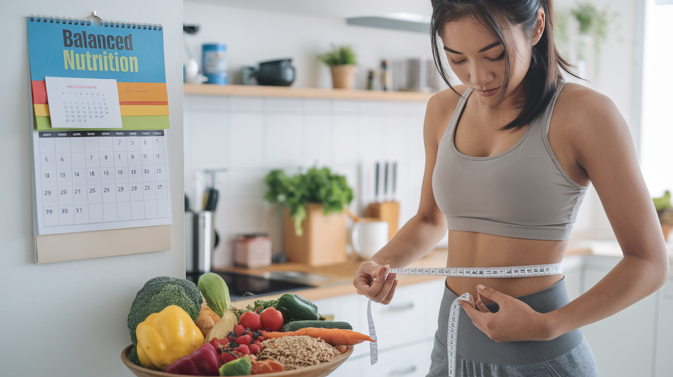 Create a realistic image of a young woman of Asian descent in comfortable athletic wear, measuring her waist with a tape measure while standing beside a plate of colorful vegetables and whole grains, in a bright kitchen setting with a motivational calendar visible showing "balanced nutrition" notes, conveying a sense of healthy, sustainable weight management rather than extreme dieting.