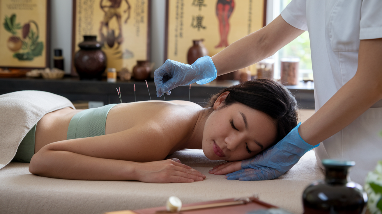 Create a realistic image of acupuncture needles placed on a relaxed Asian female patient's back in a serene wellness clinic setting, with a practitioner's hands visible adjusting a needle, soft natural lighting, herbal remedies and traditional Chinese medicine charts visible in the background, conveying a calm, healing atmosphere for PCOS treatment.