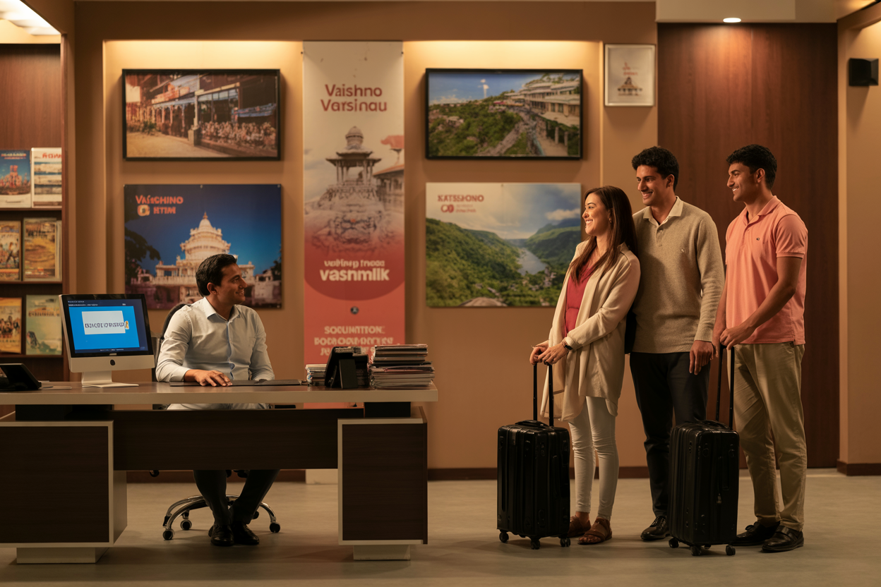 Create a realistic image of a professional travel agency office in Katra with a South Asian male travel agent sitting behind a modern desk, welcoming clients with a warm smile, while colorful travel brochures and destination posters featuring Vaishno Devi temple and Kashmir landscapes are displayed on the walls, with a computer showing booking confirmations on the screen, warm ambient lighting creating a trustworthy and professional atmosphere, and a satisfied South Asian family of four standing nearby with luggage, representing successful travel planning services, absolutely NO text should be in the scene.
