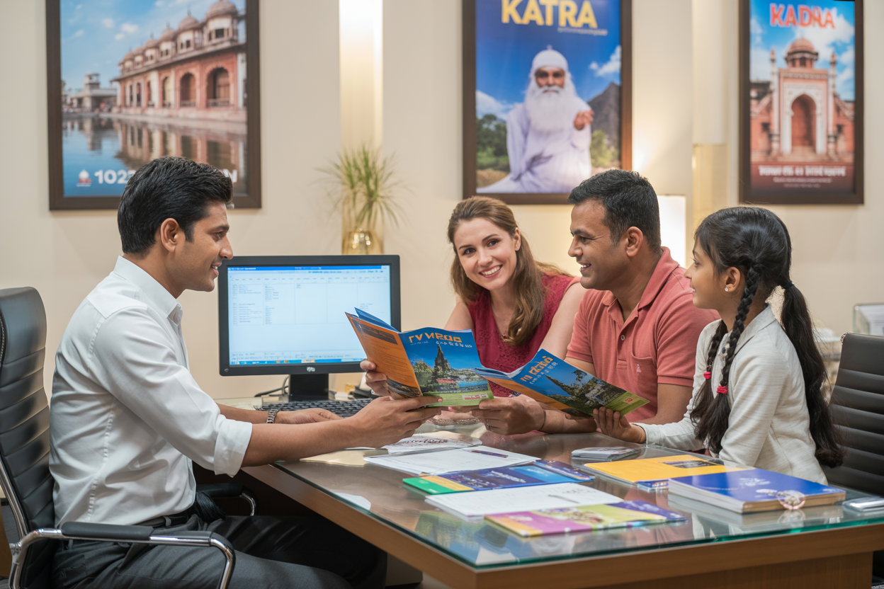 Create a realistic image of a modern travel agency office interior with a professional South Asian male travel agent sitting at a clean desk with a computer, showing colorful travel brochures and package options to a diverse family of clients (white female, Indian male, and two children), with travel posters of Katra and religious destinations visible on the walls, warm professional lighting, and booking forms and travel documents spread across the desk in an organized manner, absolutely NO text should be in the scene.