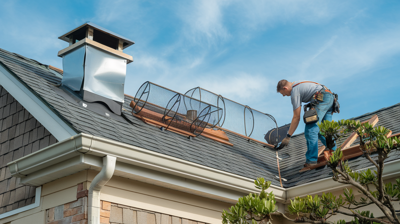 Create a realistic image of a residential roof with various wildlife prevention measures installed, including metal flashing around chimneys, mesh-covered vents, trimmed tree branches near the roofline, and a professional roofer inspecting the eaves for potential entry points, set against a clear blue sky background.