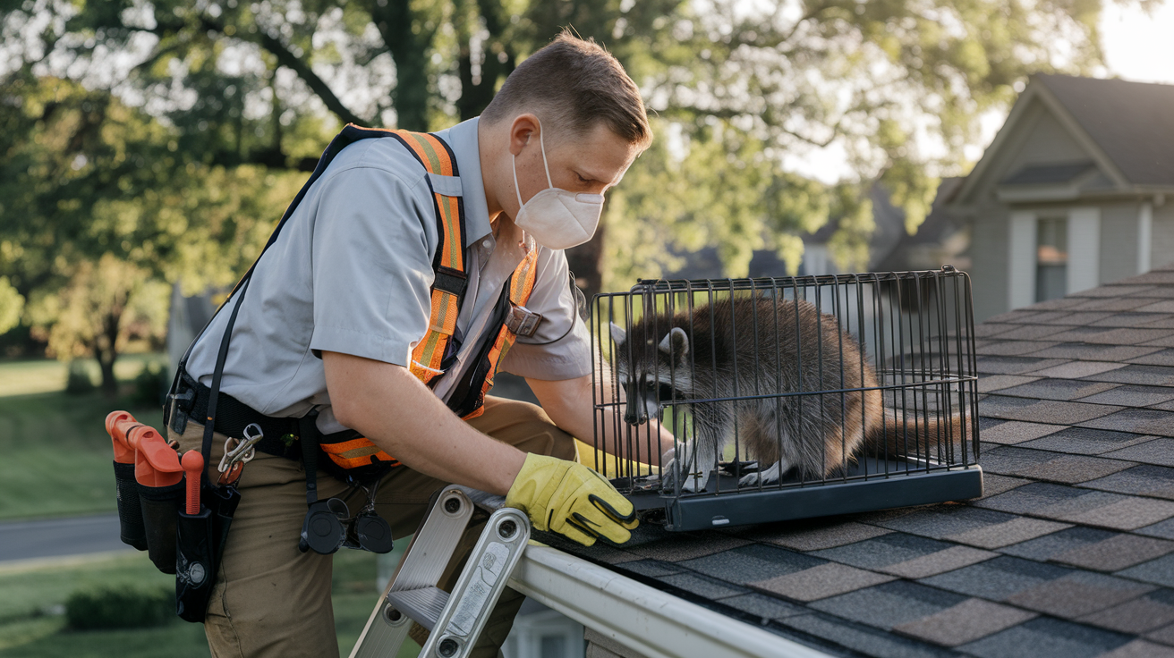 Create a realistic image of a professional wildlife removal specialist, white male, carefully removing a raccoon from a roof using a humane trap, with safety equipment visible, a residential house in the background, and a warm afternoon lighting to emphasize the safe and ethical approach to wildlife control.