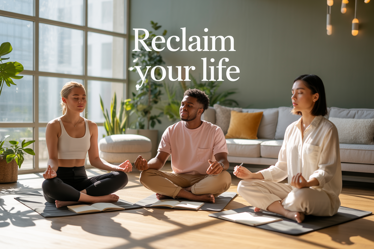 Create a realistic image of a diverse group of three people - a white female, a black male, and an Asian female - sitting in a bright, modern wellness space with large windows showing natural sunlight, engaged in stress-relief activities like meditation and journaling, surrounded by plants and calming elements like soft cushions and warm lighting, with peaceful and rejuvenated expressions on their faces, and overlay text reading "Reclaim Your Life" in clean, modern typography positioned in the upper portion of the image.