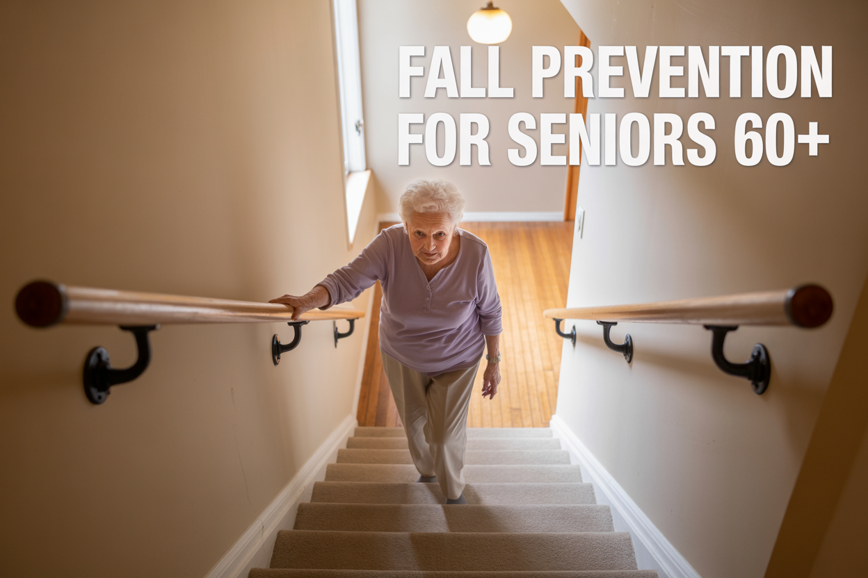 Create a realistic image of an elderly white female in her 70s carefully holding onto a wooden handrail while slowly walking down carpeted stairs in a well-lit home interior, with safety equipment like grab bars visible on the walls, warm natural lighting from a nearby window, and the text "Fall Prevention for Seniors 60+" prominently displayed in the upper portion of the image in clear, readable font.