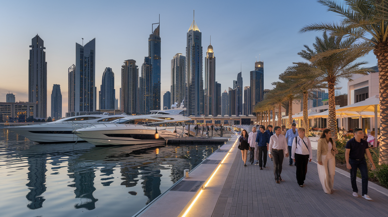Create a realistic image of a modern waterfront promenade in Dubai Marina at dusk, with illuminated skyscrapers reflecting in calm waters, luxury yachts docked along the pier, and a diverse group of tourists and locals strolling along the walkway, palm trees lining the path, and outdoor cafes with soft lighting in the background.