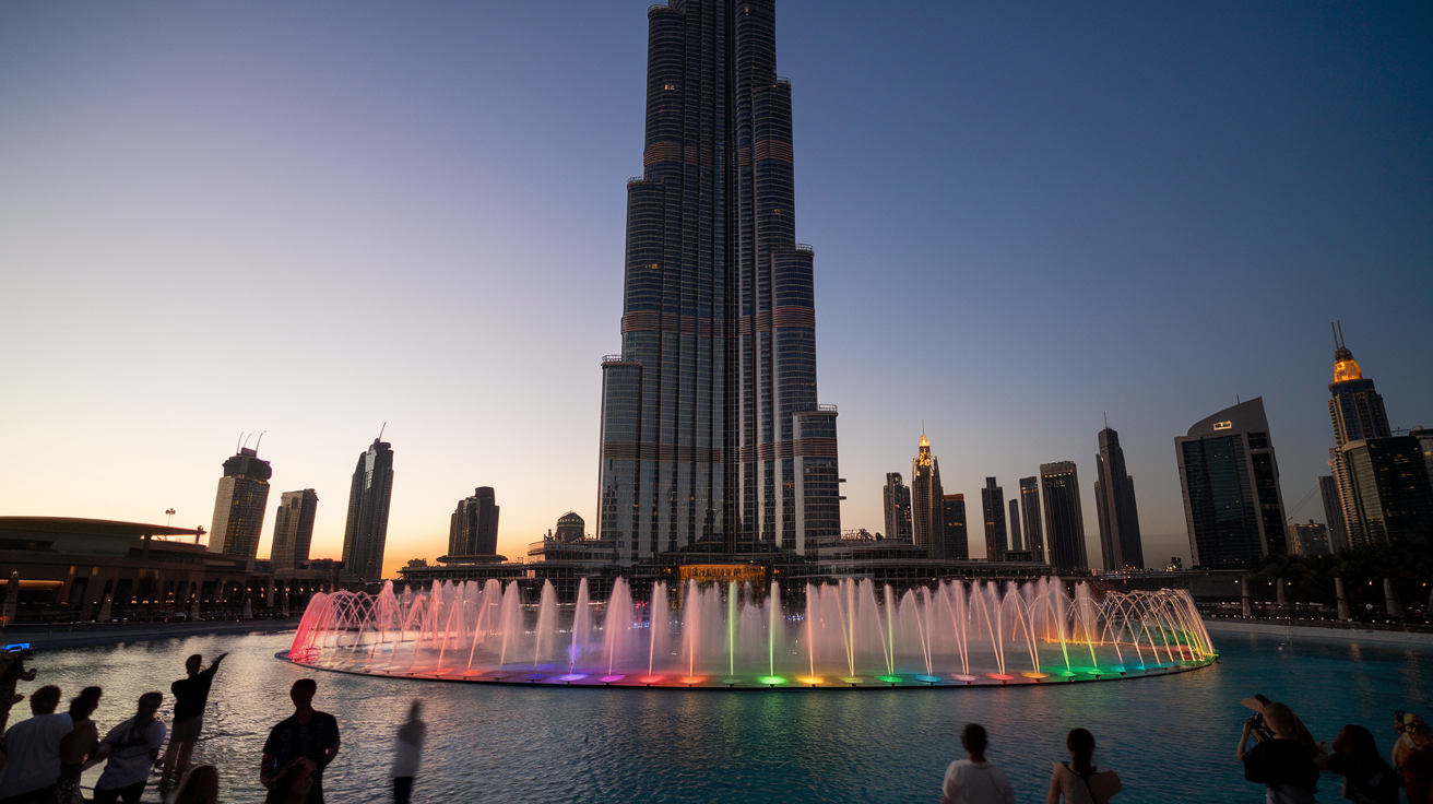 Create a realistic image of the iconic Burj Khalifa towering over a bustling plaza at dusk, with colorful fountain jets illuminated in the foreground. Tourists of various ethnicities are visible, some taking photos, others watching the water show. The Dubai skyline is visible in the background, with warm golden lights from nearby buildings reflecting on the fountain's surface.
