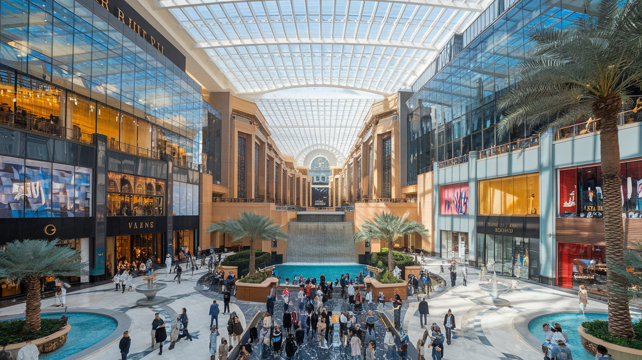 Create a realistic image of the Dubai Mall's grand interior, showcasing its vast atrium with multi-level glass facades, gleaming marble floors, and a diverse crowd of international shoppers. Include luxury brand storefronts, a large indoor waterfall, and an expansive glass ceiling letting in natural light. Show a mix of traditional Middle Eastern architecture and modern design elements, with palm trees and fountains adding to the opulent atmosphere.