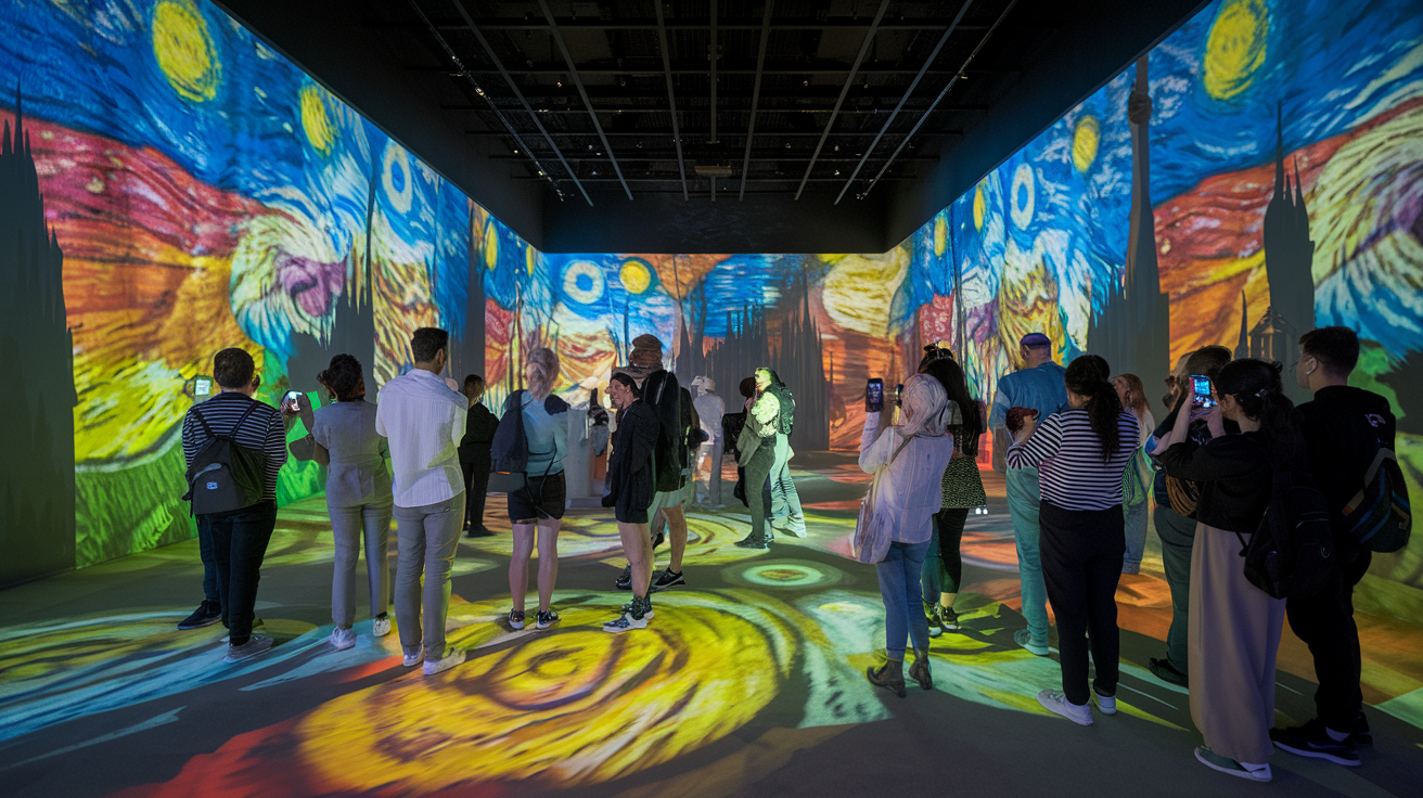 Create a realistic image of a dimly lit art exhibition space with colorful, swirling Van Gogh-inspired light projections on the walls and floor, showing a diverse group of tourists (including white, black, and Asian men and women) admiring the immersive display, with some taking photos on their smartphones, capturing the vibrant and mesmerizing atmosphere of a high-tech art show in Dubai.