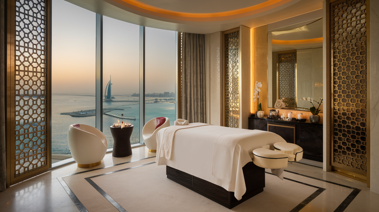 Create a realistic image of a luxurious spa treatment room in the Talise spa at Burj Al Arab, Dubai, with gold-accented decor, floor-to-ceiling windows overlooking the Arabian Gulf, a massage table draped in white linens, and soft ambient lighting creating a serene atmosphere.