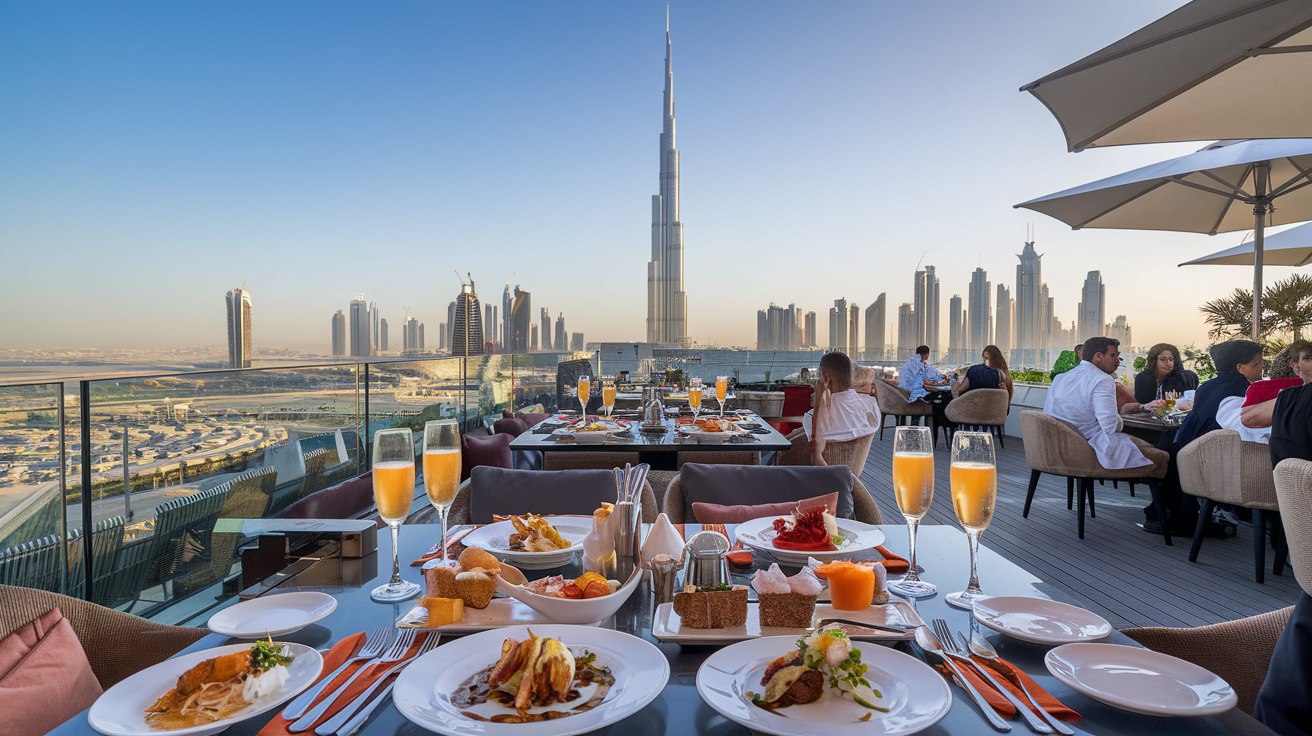 Create a realistic image of a luxurious rooftop restaurant in Dubai with panoramic city views, featuring elegant table settings, champagne flutes, and a diverse array of gourmet brunch dishes. Include the iconic Burj Khalifa visible in the background against a clear blue sky, with well-dressed patrons enjoying their meals and taking in the breathtaking scenery.
