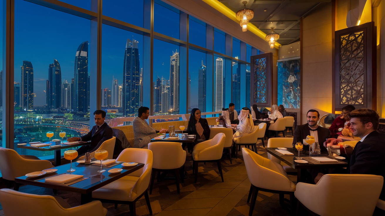Create a realistic image of a trendy, dimly-lit Dubai restaurant interior with modern Arabic-inspired decor, featuring a diverse group of well-dressed diners seated at sleek tables, enjoying gourmet dishes and cocktails, with floor-to-ceiling windows showcasing the illuminated Dubai skyline at night in the background.