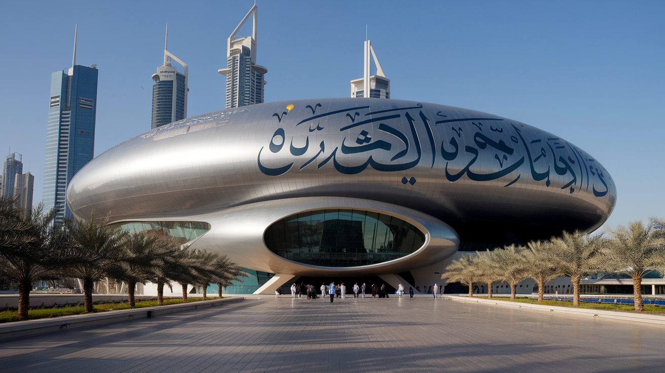 Create a realistic image of the futuristic Museum of the Future in Dubai, a sleek silver torus-shaped building with Arabic calligraphy on its exterior, set against a clear blue sky with modern skyscrapers in the background, visitors entering through the oval-shaped entrance, and palm trees lining the pathway leading to the museum.