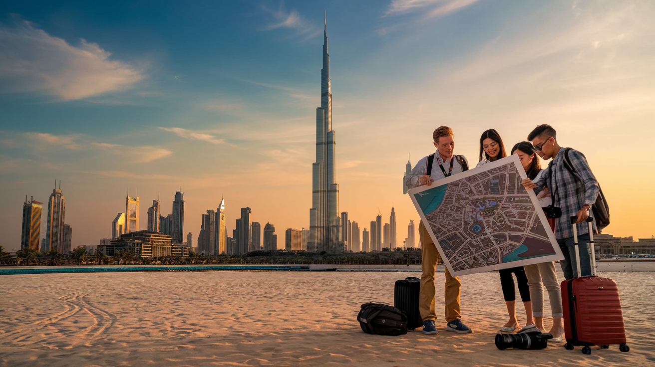 Create a realistic image of a sun-drenched Dubai skyline at golden hour, featuring iconic landmarks like the Burj Khalifa and Palm Jumeirah, with a diverse group of tourists (white male, black female, Asian couple) in the foreground examining a large city map, surrounded by luggage and camera equipment, suggesting extended exploration beyond the initial 48-hour itinerary.