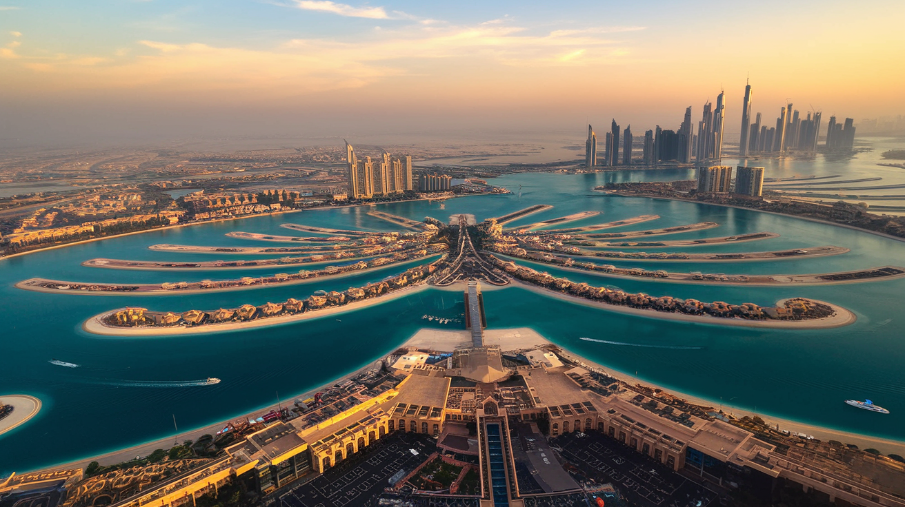 Create a realistic image of a panoramic view of Dubai's Palm Jumeirah from an observation deck, showing the iconic palm-shaped island surrounded by turquoise waters, with luxury hotels and skyscrapers in the background, and a few boats dotting the sea, captured during golden hour with warm, soft lighting.