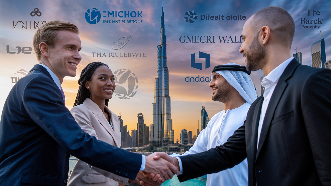 Create a realistic image of a diverse group of business professionals, including white male, black female, and Middle Eastern male, shaking hands in front of the iconic Dubai skyline featuring Burj Khalifa, with logos of well-known international companies subtly placed in the background, suggesting successful partnerships and collaborations in a vibrant business setting.