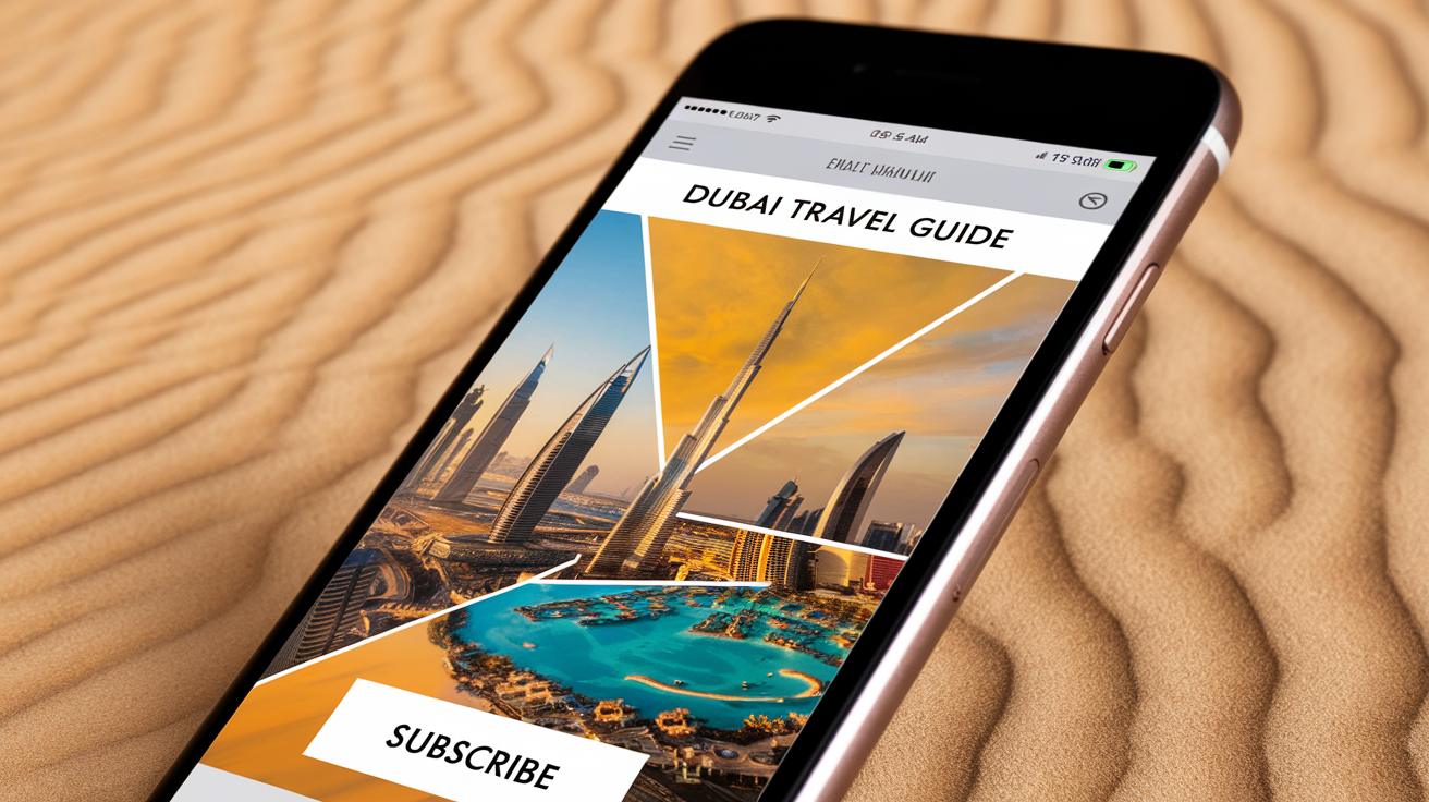 Create a realistic image of a sleek, modern smartphone displaying an open email newsletter with "Dubai Travel Guide" as the subject line, showing a vibrant collage of Dubai's iconic landmarks like the Burj Khalifa, Dubai Mall, and Palm Jumeirah against a golden desert background, with a "Subscribe" button prominently placed at the bottom of the screen.