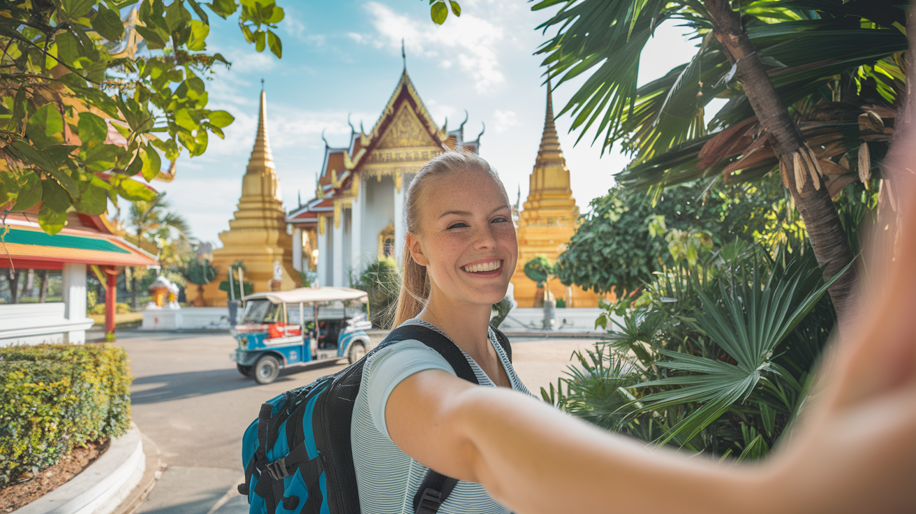 Create a realistic image of a young white female traveler with a backpack, smiling and taking a selfie in front of a traditional Thai temple with golden spires, surrounded by lush tropical vegetation, with a tuk-tuk visible in the background, under bright sunlight, capturing the essence of Thailand as a beginner-friendly travel destination.